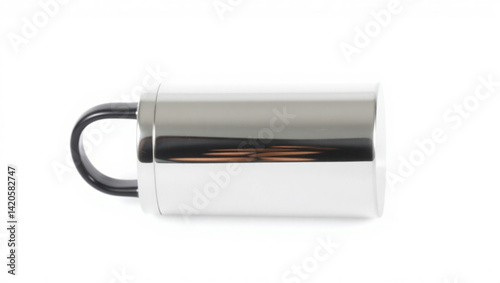 A stainless steel mug with a black handle lying horizontally on a white surface in a studio shot created with generated ai