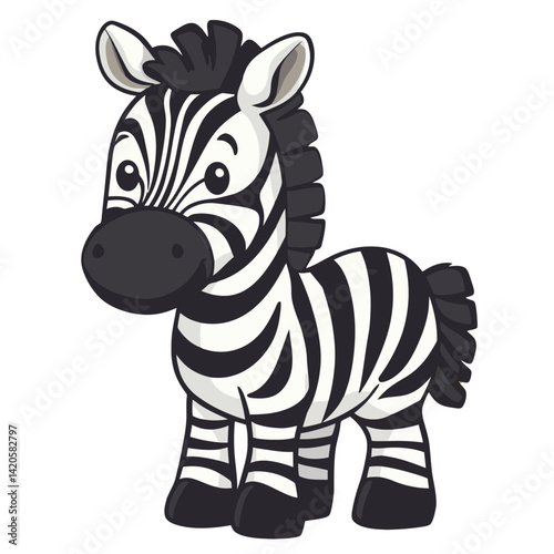Friendly striped zebra cartoon icon stands cheerfully in an animated style showcasing its distinctive black and white stripes