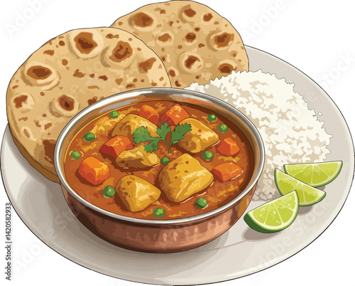 Delicious Chicken Curry with Roti and Rice