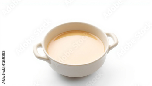 Close up of a bowl filled with creamy soup with handles against a white background in bright light created with generated ai