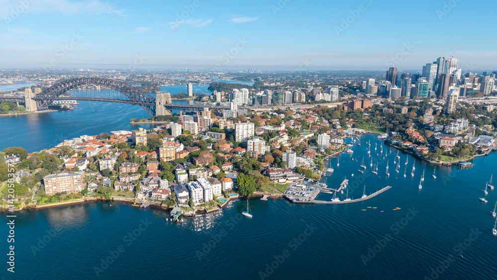 Fototapeta premium The Sydney harbor bridge and the harbor side suburb of Kirribilli .