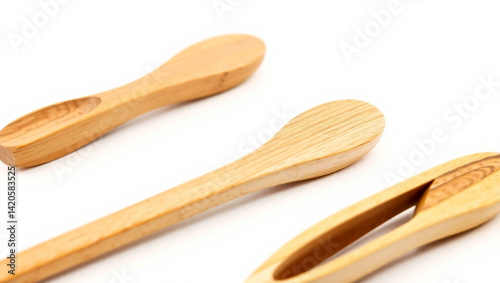 Close up shot of three wooden spoons with different designs on a white background surface view created with generated ai