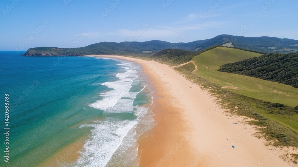 Panoramic view of a tranquil beach and coastline. Panoramic view of a tranquil beach and coastline.