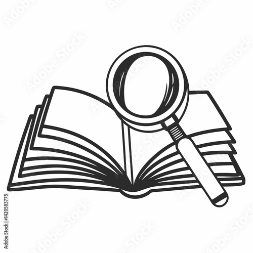 Book with magnifying glass icon - line art vector illustration in white background
