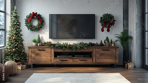 Contemporary home interior with Christmas decor, TV console, and holiday wreaths on white wall  