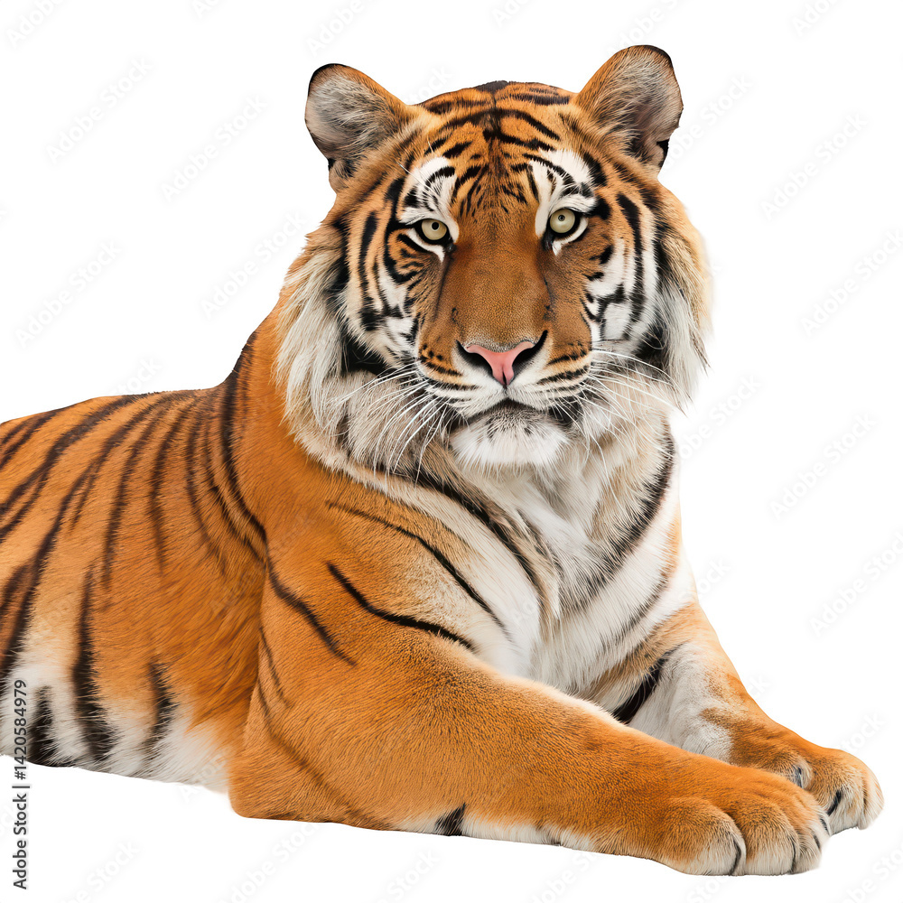 Obraz premium Majestic tiger lying down and gazing at the camera png tiger portrait png big cat png wildlife close up png feline beauty png transparent background image