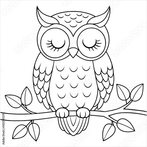 Sleepy Owl on a Branch Coloring Page