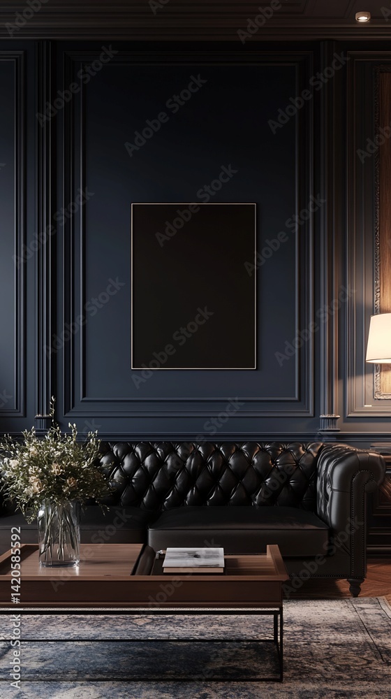 Fototapeta premium Interior Design: Dark Blue Room with Black Leather Sofa and Artwork
