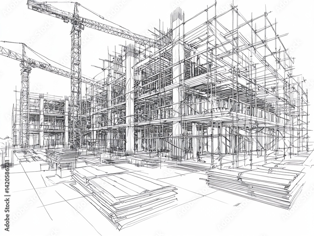 Fototapeta premium Line Drawing of Building Under Construction with Scaffolding and Cranes