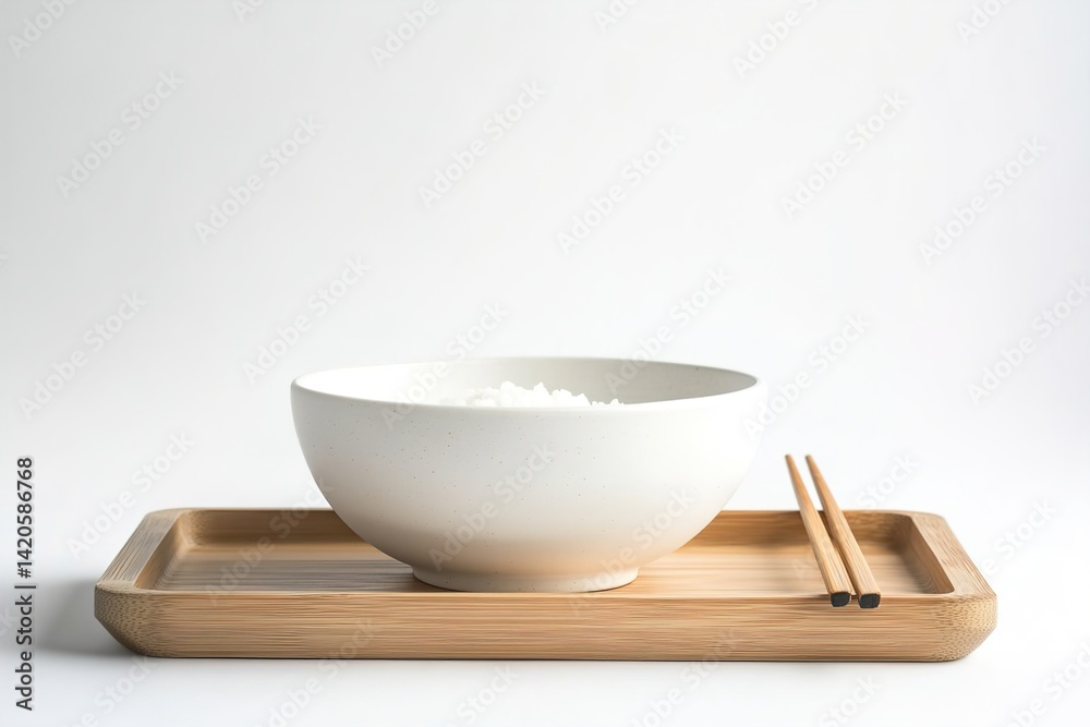 A minimalist white ceramic bowl filled with plain steamed rice, placed on a wooden tray with chopsticks beside it, creating a clean, balanced Japanese aesthetic
A minimalist white ceramic bowl filled with plain steamed rice, placed on a wooden tray with chopsticks beside it, creating a clean, balanced Japanese aesthetic
