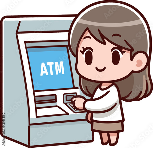 ATMを操作する女性のイラスト
