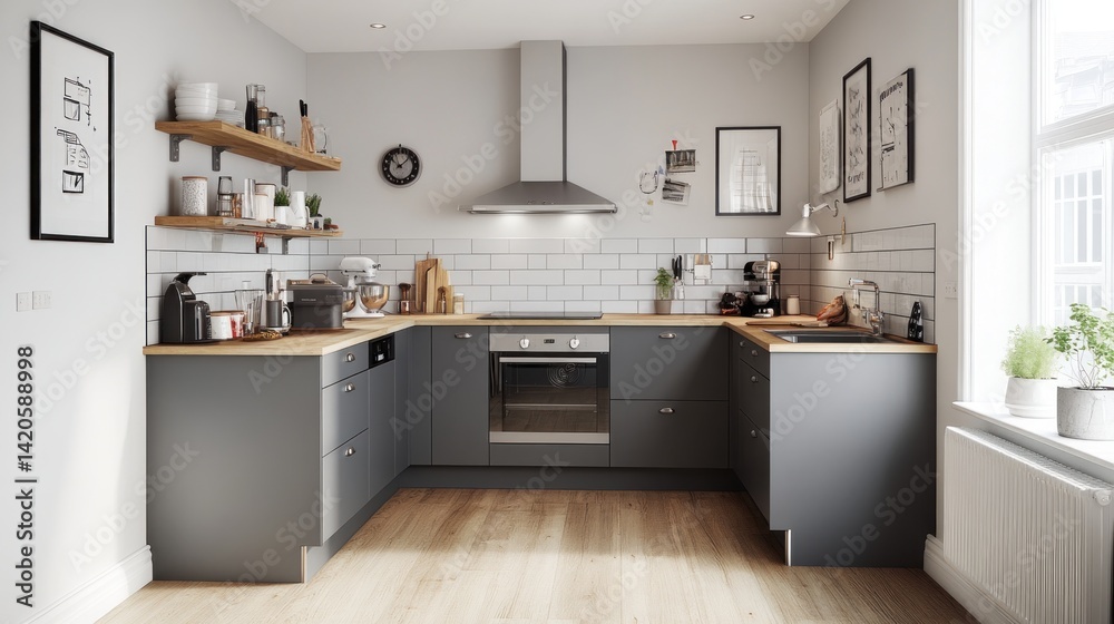 Fototapeta premium Modern, compact grey kitchen design with light wood accents.