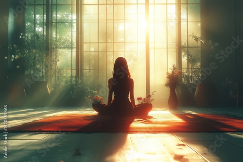 Silhouette of a Person Meditating in Sunlit Room with Plants and Large Windows Yoga Pose Mind photo