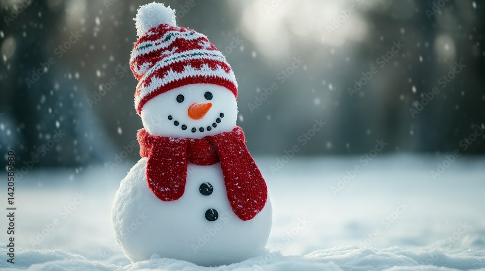 Fototapeta premium Cute holiday snowman with red mittens and Christmas hat standing in dreamy winter scenery 