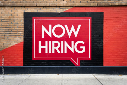 A now hiring banner displayed on a brick wall for job recruitment employment opportunity and vacancy advertisement with bold text and red background for business hiring communication