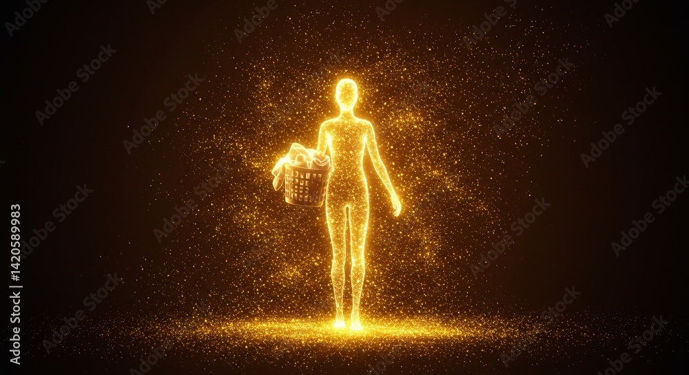 Fototapeta premium Golden ethereal figure with laundry basket amidst sparkling vortex on dark background