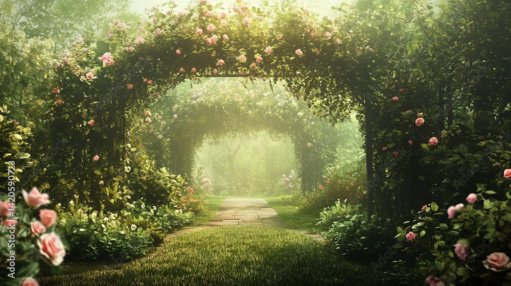 Naklejka premium Rose-Covered Archway Garden Path
