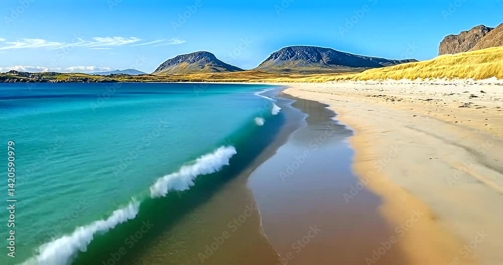 Serene beach landscape with turquoise waters and distant mountains under clear skies Serene beach landscape with turquoise waters and distant mountains under clear skies