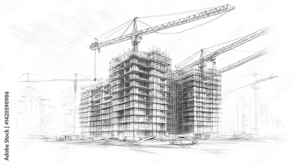 Sketch of Building Under Construction with Cranes