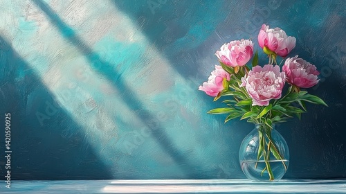 Pink flowers bouquet in a glass vase on a blue background
