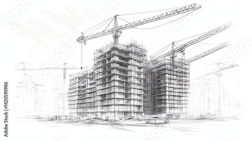 Obraz na płótnie Sketch of Building Under Construction with Cranes w salonie