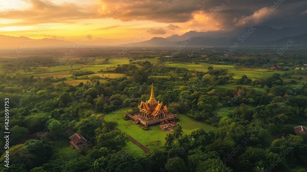 Fototapeta premium Aerial view of a Thai temple nestled in lush greenery with surrounding fields and a glowing sky