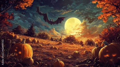 A Halloween pumpkin patch under a full moon, filled with bats and autumnal colors. photo