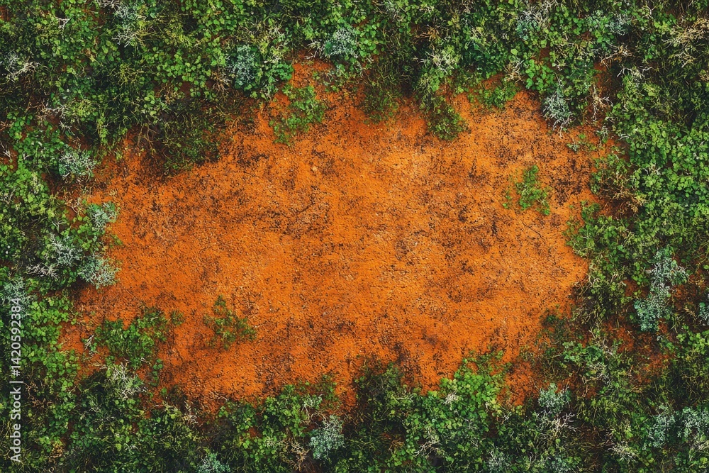 Aerial view of a cleared patch of land surrounded by vegetation. Aerial view of a cleared patch of land surrounded by vegetation.
