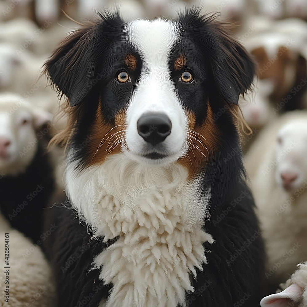 Fototapeta premium Shepherd dog amidst sheep, focused gaze