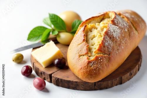 Rustic Italian bread, olives, cheese on white , salami, pesto