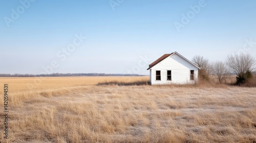 Lonely farmhouse in a vast field under a clear sky