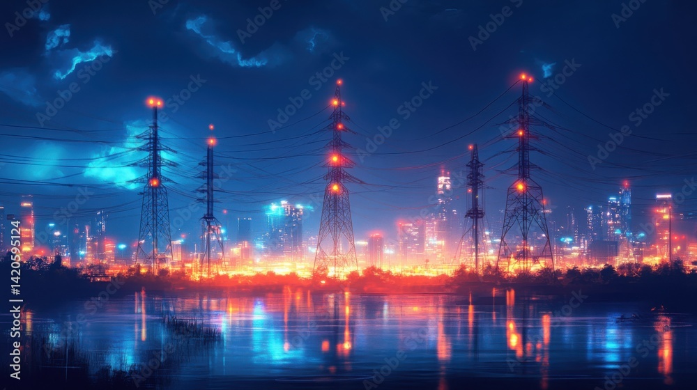 Fototapeta premium A glowing city skyline at night powered by electricity, with visible grids and electric towers in the distance