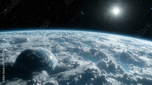 Planet, fluffy clouds and starry space background