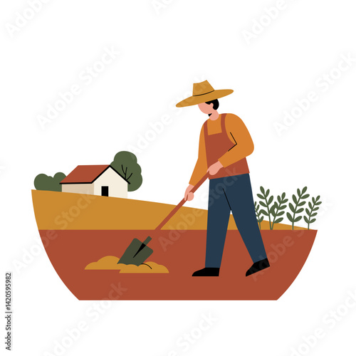 Farmer digging soil in field with hoe, person working on a farm vector art, flat colorful illustration - Agriculture, Manual Labor, Rural Life Concept