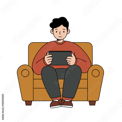 Man sitting in armchair using tablet, person watching a movie vector art, flat colorful illustration - Home Entertainment, Digital Streaming, Leisure Activity Concept 