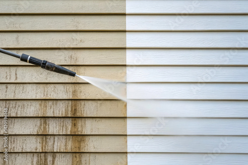 Pressure washing a house siding to clean dirt and grime using high pressure water spray for exterior wall cleaning and home maintenance