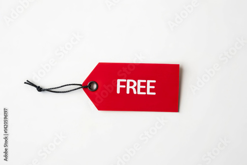Red free tag label with black string on white background used for marketing promotion discount sale offer and advertising shopping concept