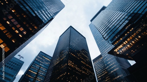 Skyscrapers reaching towards a cloudy sky, featuring architectural details and illuminated windows at dusk