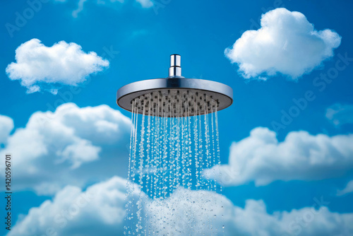 Surreal Shower Head with Water Flowing in Sky Among Clouds Conceptual Clean Water and Rain Symbol with Blue Sky Background