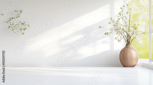 Minimalist, sun-drenched room with cherry blossoms.  Tranquil, bright, and peaceful interior