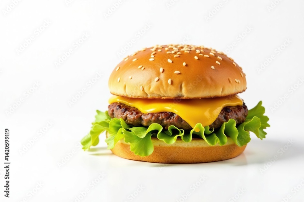 Isolated burger with cheese and sesame bun on white , ketchup, meal