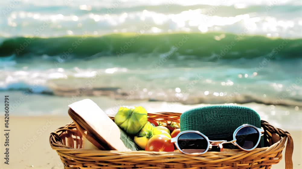 Rustic wicker basket brimming with colorful farm fresh vegetables, straw sun hat, sunglasses resting near tranquil ocean shoreline with gentle waves lapping sandy beach