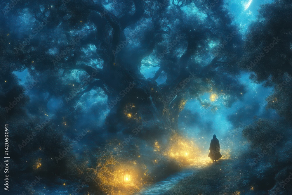 Enchanted Forest Pathway Illuminated by Lanterns and Fireflies Fantasy Landscape with Mysterio Enchanted Forest Pathway Illuminated by Lanterns and Fireflies Fantasy Landscape with Mysterio