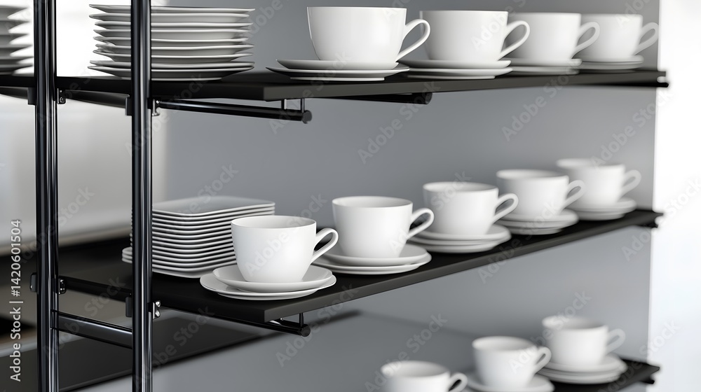 Modern Kitchen White Cups Plates Shelf Display Modern Kitchen White Cups Plates Shelf Display
