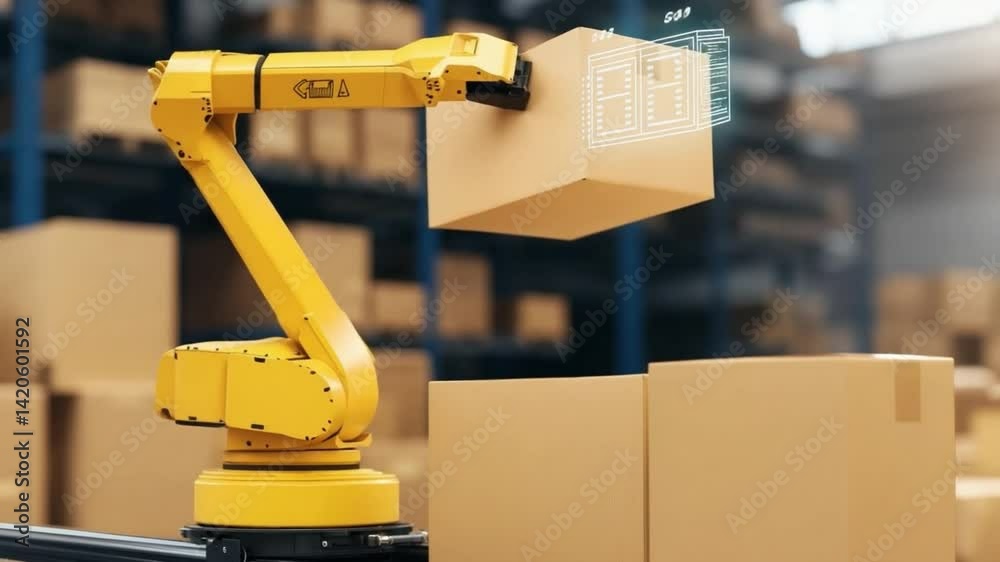 Yellow robotic arm in warehouse with boxes and shipping logistics tech