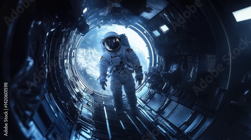An astronaut in a spacesuit walks through a spaceship tunnel towards a view of earth.