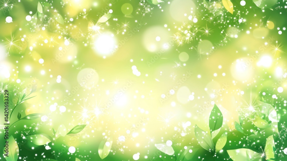 An abstract springtime background with green leaves and glowing lights An abstract springtime background with green leaves and glowing lights