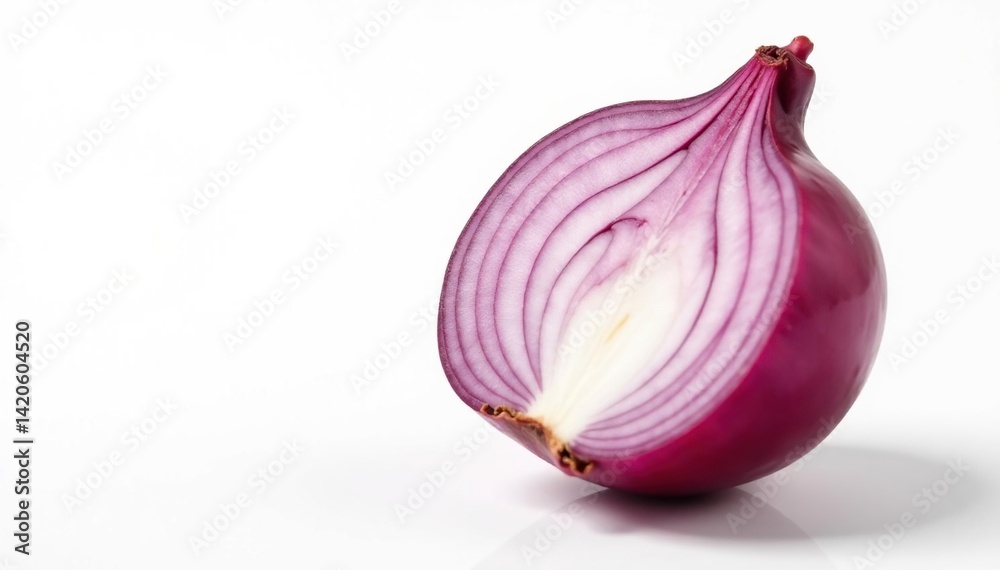 Fototapeta premium Half red onion, cut side visible, white background, close-up, white backdrop, vibrant