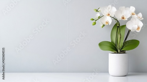 A white orchid plant in a white pot on a minimalist shelf, elegant green leaves and blooming flowers, soft pastel background, and indoor decor concept.