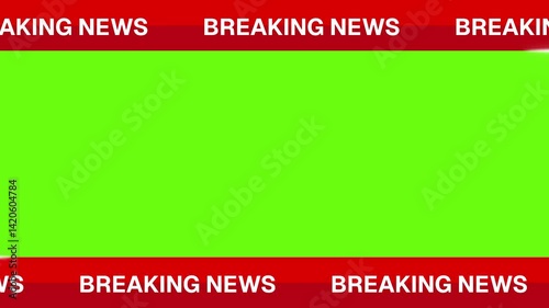 Breaking News Animation Template with Live Broadcast Tag and Red Ticker Bar on Green Screen Background, Real-Time News Bulletin Overlay Design for TV Channels